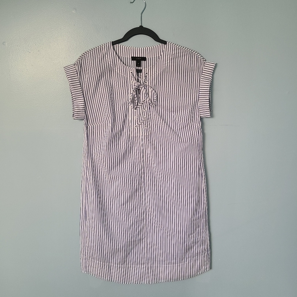 J.Crew Dress Women's XS Blue White Striped Lace-Up Casual Chic Mini - Picture 2 of 7